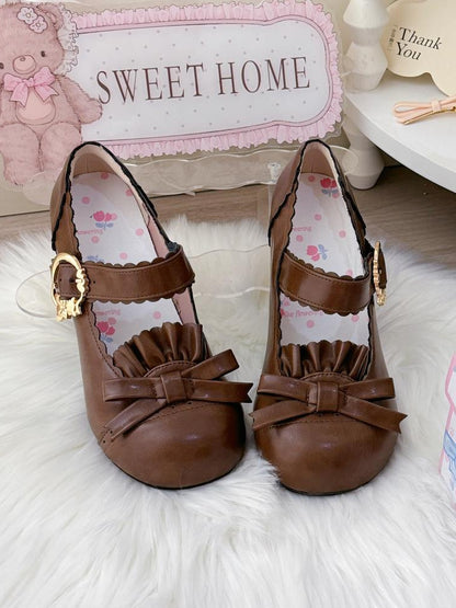 Brown Sweet Lolita Mid-heel Mary Janes - Round ToeDesign with Bow, Ruffle Details & Scalloped Fastener