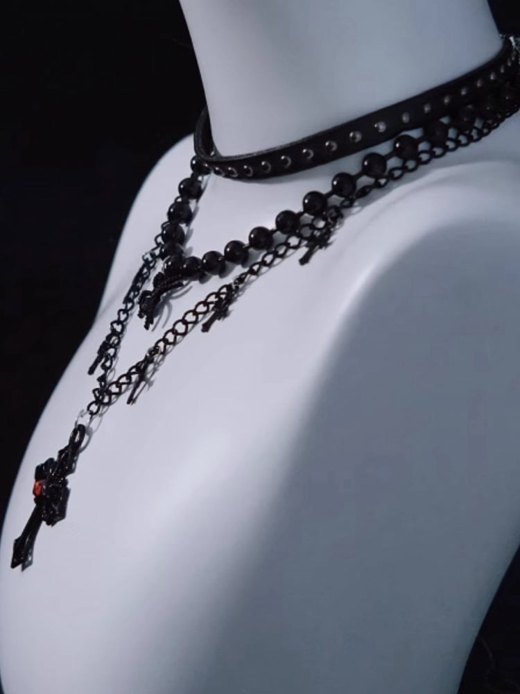 Spider and Cross Pendant Black Gothic Triple Layered Necklace