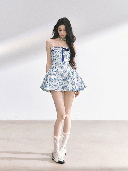 Blue Butterfly and Floral Print Self-tie Neckline Mini Slip Dress