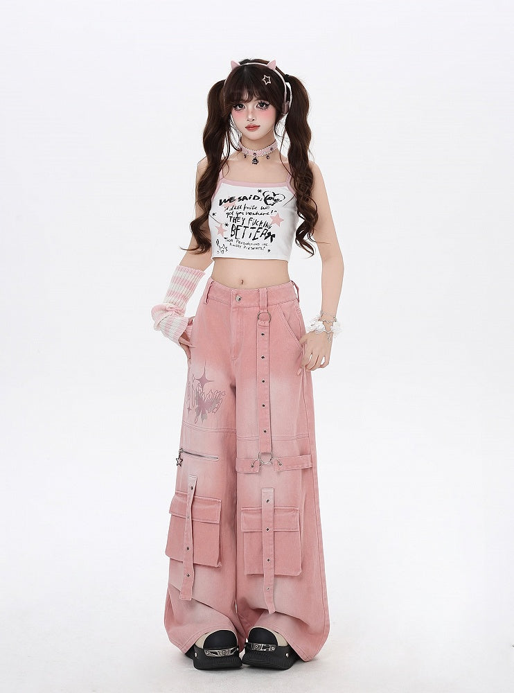 Pink Butterfly Print Strap Details Vintage Wide-Leg Cargo Jeans