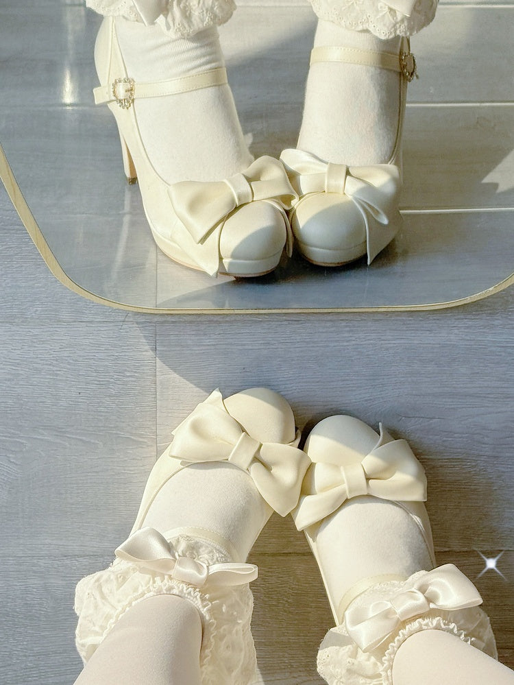 Elegant Creamy White Lolita Stilettos - Crystal Embellished Heart Buckle & Top Bow