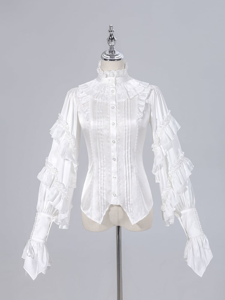 Ruffled High Neck Black Bead Chain and Cascading Ruffles Long Sleeves Siren Shirt