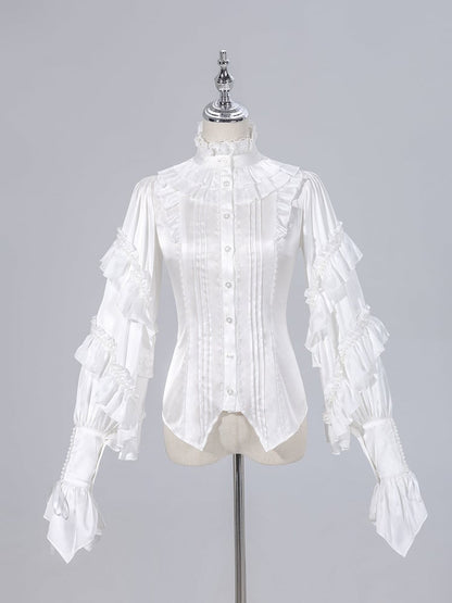 Ruffled High Neck Black Bead Chain and Cascading Ruffles Long Sleeves Siren Shirt