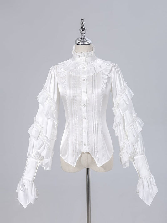 Ruffled High Neck Black Bead Chain and Cascading Ruffles Long Sleeves Siren Shirt
