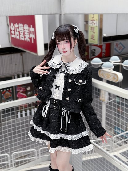 Jirai Kei Black Tweed Tiered Skirt with White Lace Trim & Lace-Up Detail