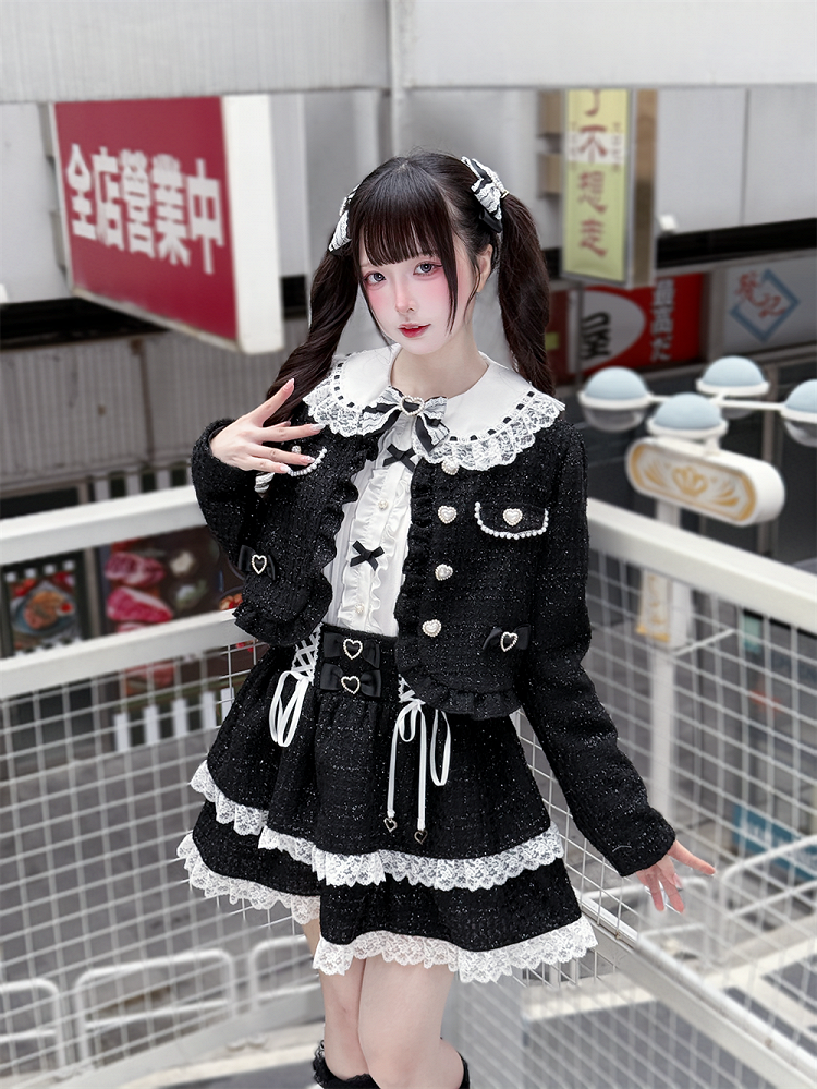 Jirai Kei Hairclips : Black Bow with White Lace & Square Rhinestone