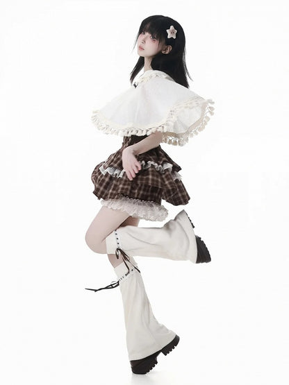 Brown Bowknot Accents White Knit Leg Warmers