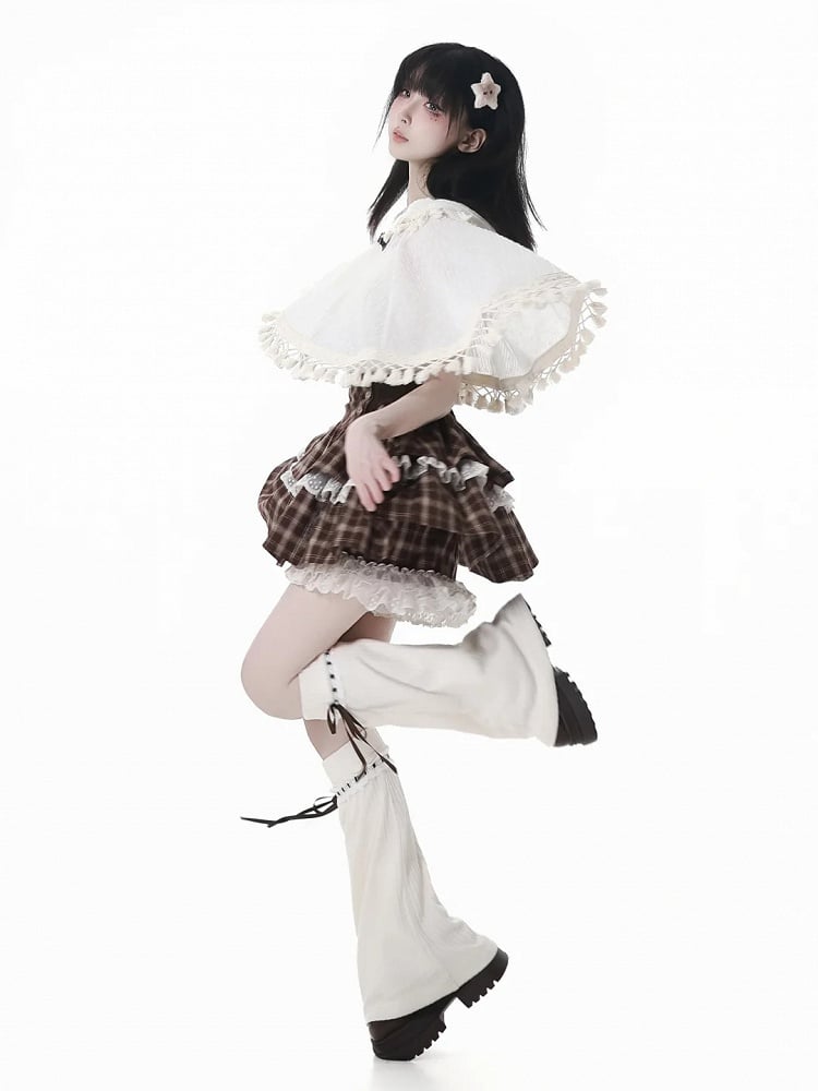 Brown Bowknot Accents White Knit Leg Warmers