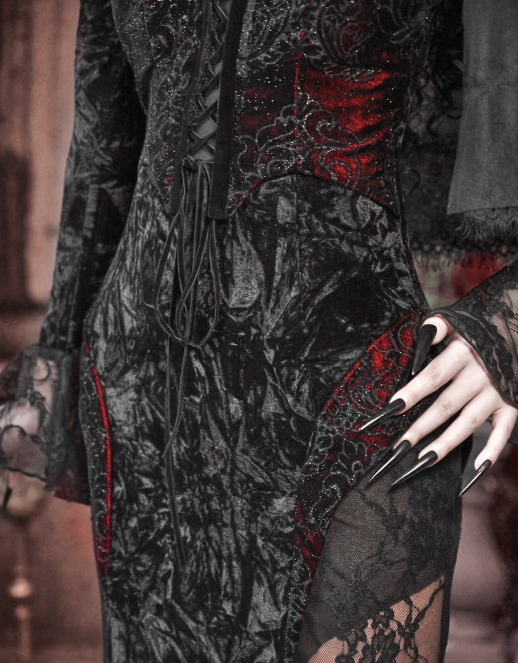 Bat Wings Shaped Neckline Romantic Goth Vampire Dress Velvet and Lace Mermaid Dress