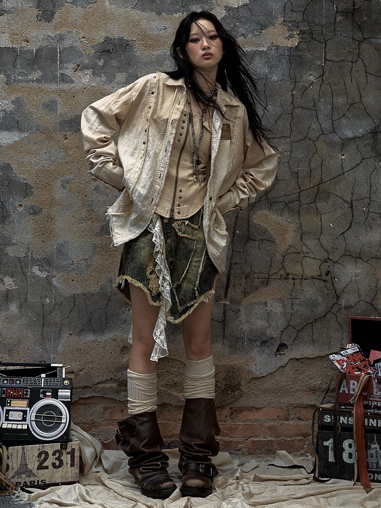 Beige Star Patch Punk Studs Faded Wash Shirt Frayed Hem