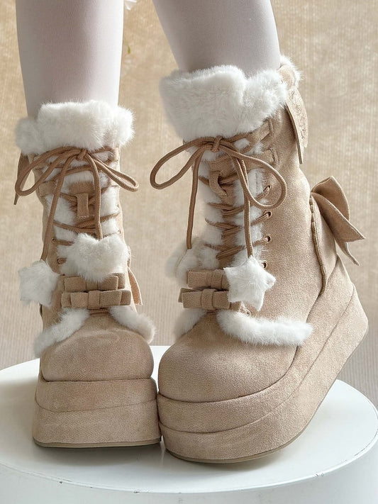Light Brown Sweet Lolita Platform Boots with Cozy Fleece Lining, Lace-up Closure & Bow Details