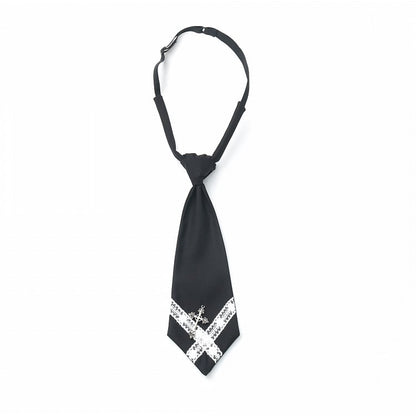 Black/Gray Pre-Tied Lace Cross Necktie with Metal Cross Accent