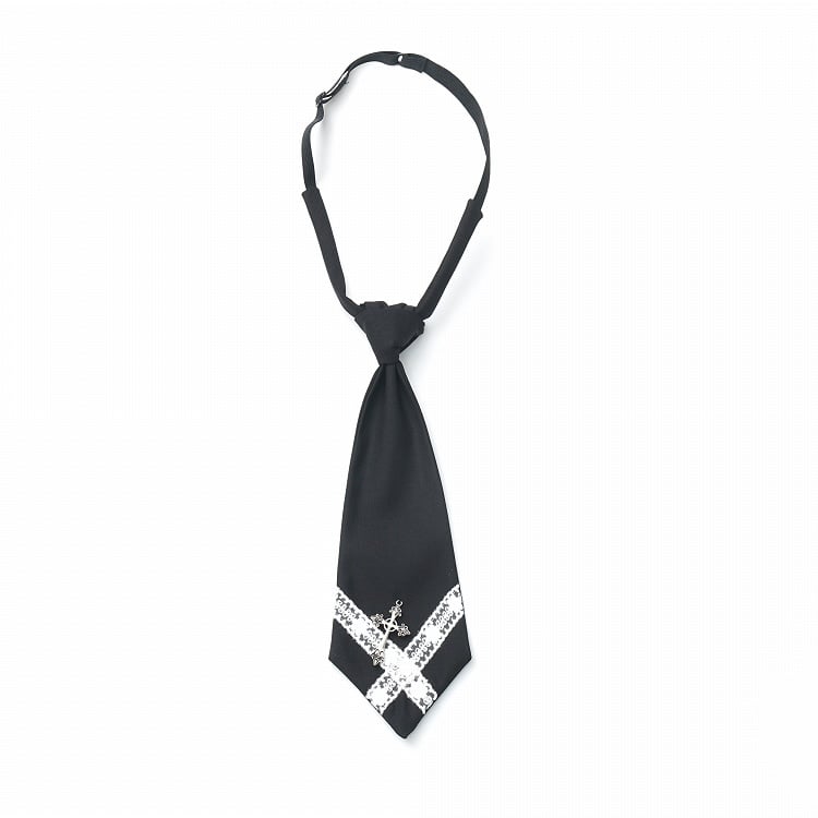 Black/Gray Pre-Tied Lace Cross Necktie with Metal Cross Accent