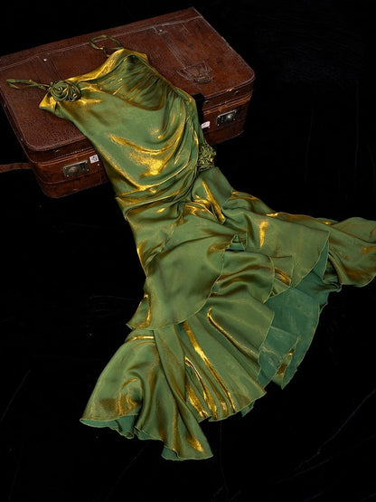 Green Floral Mermaid Skirt Flounce Hem Summer Cami Dress