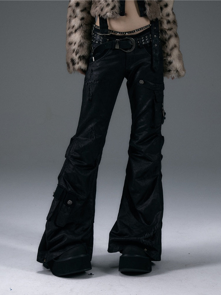 Clearance-Size M for 70CM Black Low-Waist Slim-fitting Flared Cargo Pants