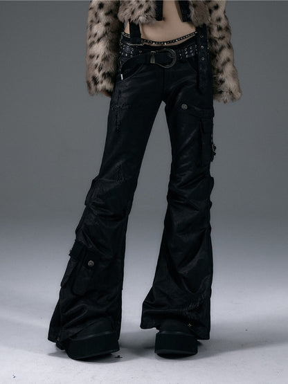 Clearance-Size M for 70CM Black Low-Waist Slim-fitting Flared Cargo Pants