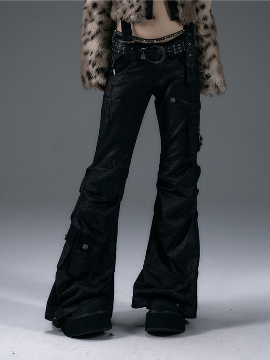 Clearance-Size M for 70CM Black Low-Waist Slim-fitting Flared Cargo Pants