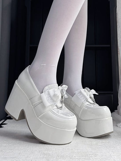 Jirai Kei White Platform Slip-Ons: 9.5cm Block Heel with Round Toe, Bow & Heart Rhinestone