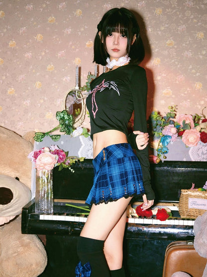 Punk Navy Blue Plaid Studs Detail Lace Trim Y2K Mini Pleated Skirt