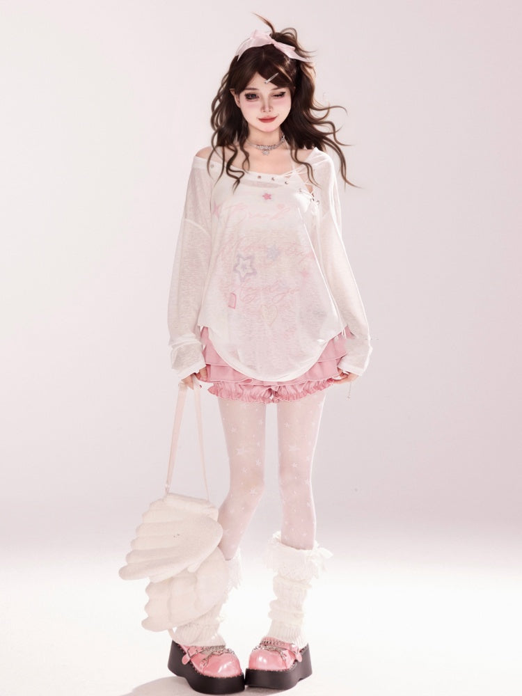 Lace-up Neckline Star Print Blue/White Semi-sheer Coverup