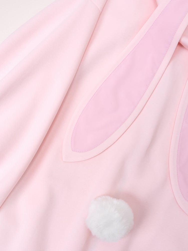 Pink Pouch Front Pockets Zip Up Hoodie with Oversized Bunny Ears