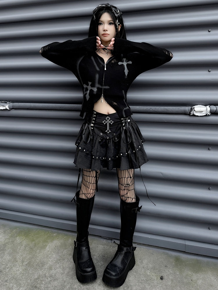 Gothic Punk Black Cross Applique Stud Accents Lace-up Detail Skirt