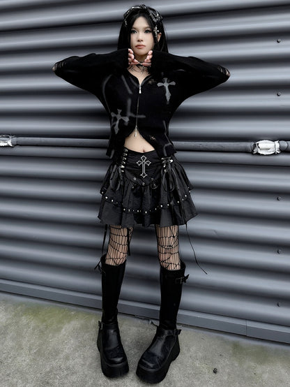 Gothic Punk Black Cross Applique Stud Accents Lace-up Detail Skirt
