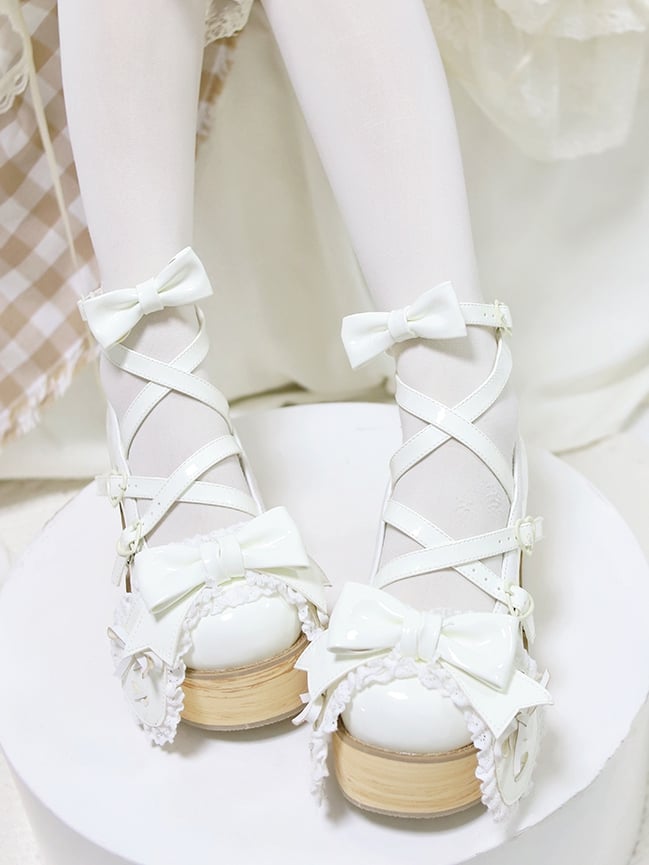 Polished White Bunny Ear Bowknot Old School Sweet Lolita Platforms