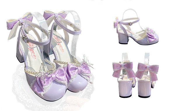 Purple Detachable Bow Accent and Bead Chain Sweet Lolita Mary Janes 6CM Block Heels