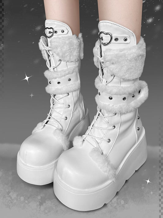 Heart Buckle Plush Trim White Y2K Platform Boots