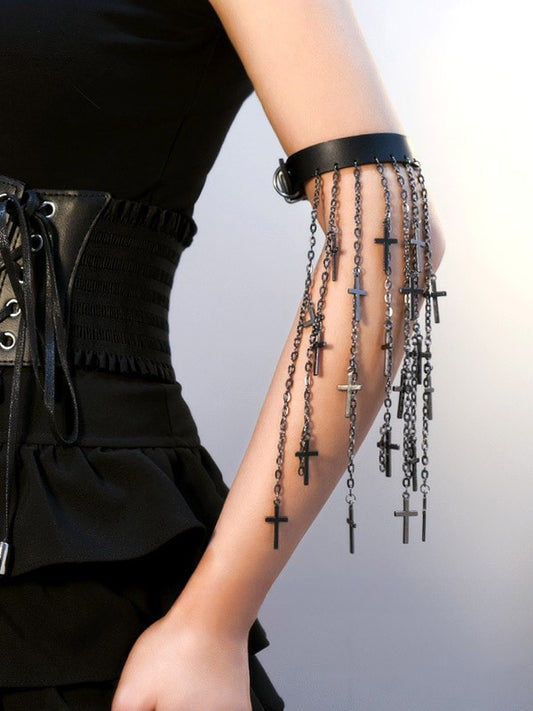 Black/Silver/Brown Cyberpunk Cross Charm Tassel Design Arm Cuff