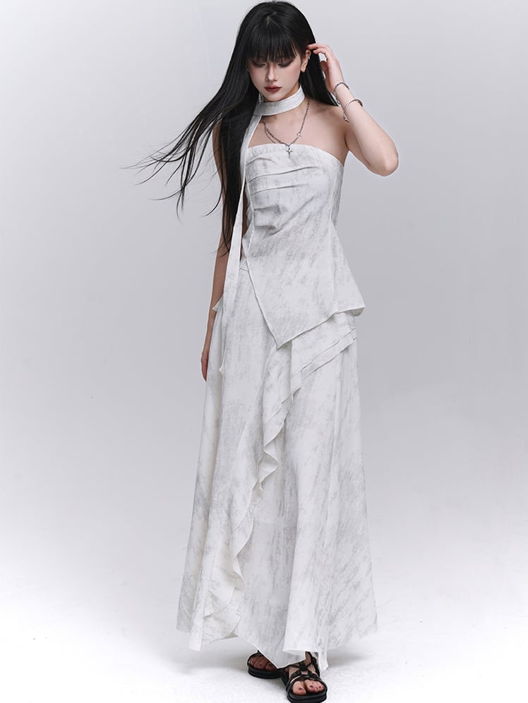 Off-white Side Slit Strapless Top with Scarf / Elastic Waist Cascading Ruffle Trim Skirt
