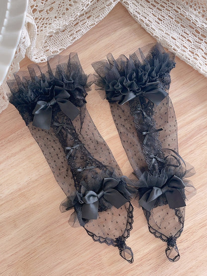 Beige/White/Pink/Black Bowknot Details Polka-dot Pattern Lace Wrist Cuffs