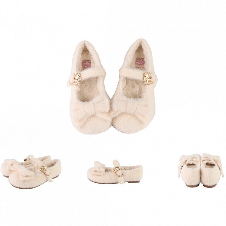 Regular/Thicken Version Off-white Sweet Lolita Plush Flats - Front Bow with Hugging Bear Heart Buckles
