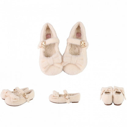 Regular/Thicken Version Off-white Sweet Lolita Plush Flats - Front Bow with Hugging Bear Heart Buckles