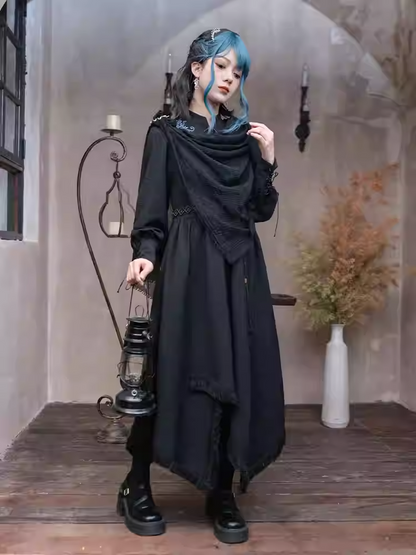 Blue Seahorse Embroidery Tassel Hem Black Cheongsam Style Dress with Lace-up Detail at Front