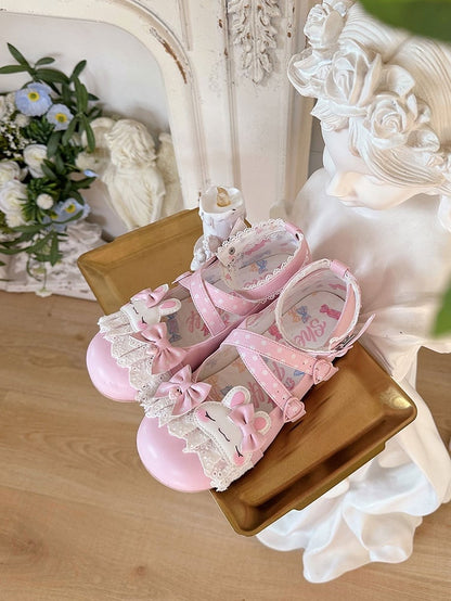 Pink Polka-dot Pattern Crisscross Design Bowknot Details Bunny Applique Lace Trim Sweet Lolita Shoes
