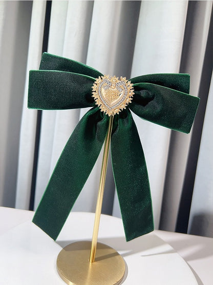 Red/Black/Green Bow Tie With Detachable Rhinestone Heart Brooch