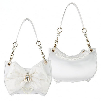 White Shoulder Bag in Sweet Lolita - Satin with Sparkling Beaded Bow