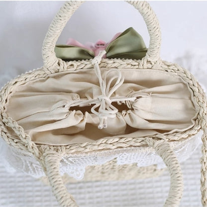 Fresh Lolita Bowknot Lace Trimmed Straw Handbag / Crossbody