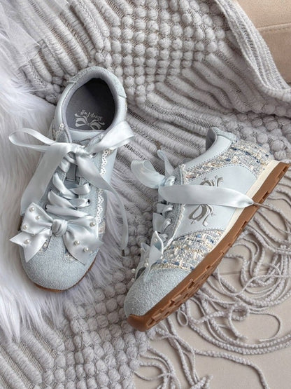 Blue Sequins Details Beaded Decorated Bowknot Sneakers