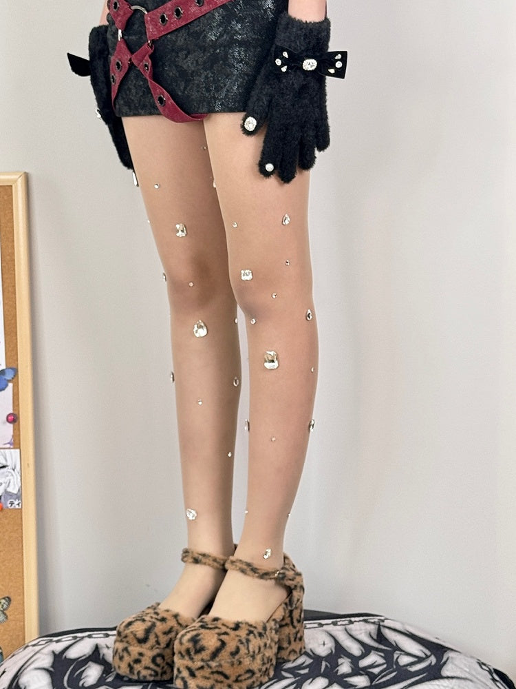 Nude/White Y2K Rhinestone Decorated Tights