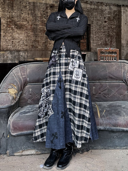 Wasteland Punk Cross Appliques Plaid Patchwork Design Skirt