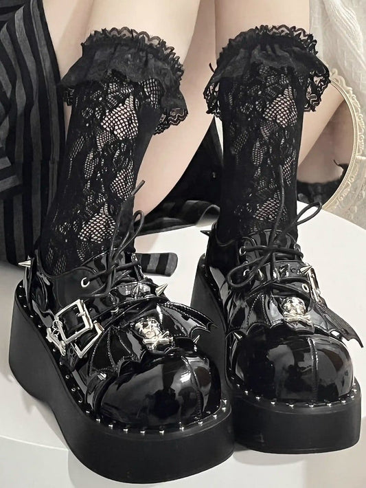 Y2K Polished Black Punk Stud Buckle Strap Bat Wings Design Platform Shoes