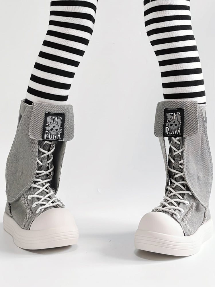 Bunny Ear Details, Raw Hem & Secure Fastening Gray Mid-Calf Boots in Punk Style