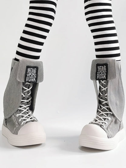 Bunny Ear Details, Raw Hem & Secure Fastening Gray Mid-Calf Boots in Punk Style