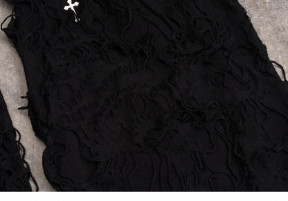 Cross Decorated Distressed Holes Gothic Black Leg Warmers