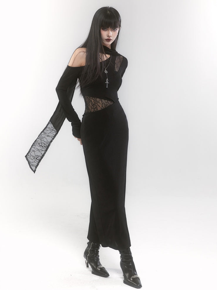 Black Gothic Asymmetrical Neckline Cutout Details Sheath Dress