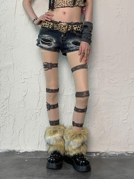 Nude Punk Buckle Straps Print Tights＋White&Brown Shaggy Leg Warmers Set