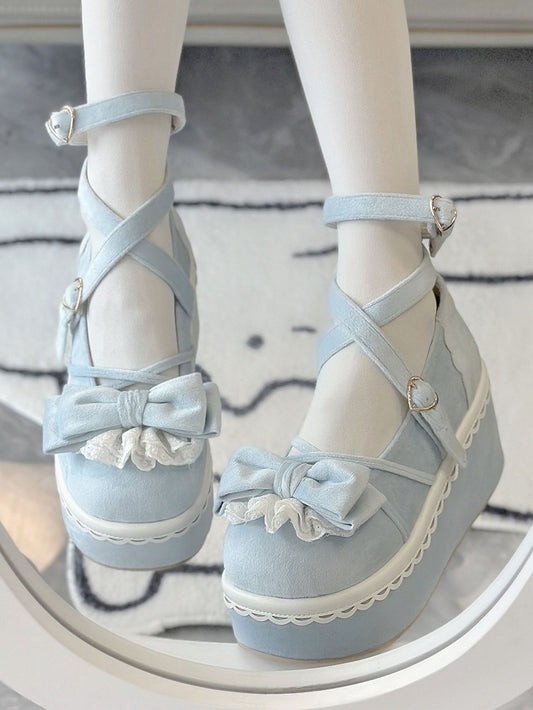 Velvet Blue Sweet Lolita Platform Mary Janes - Lace-Trimmed Bow, Heart Buckle & Crisscross Straps